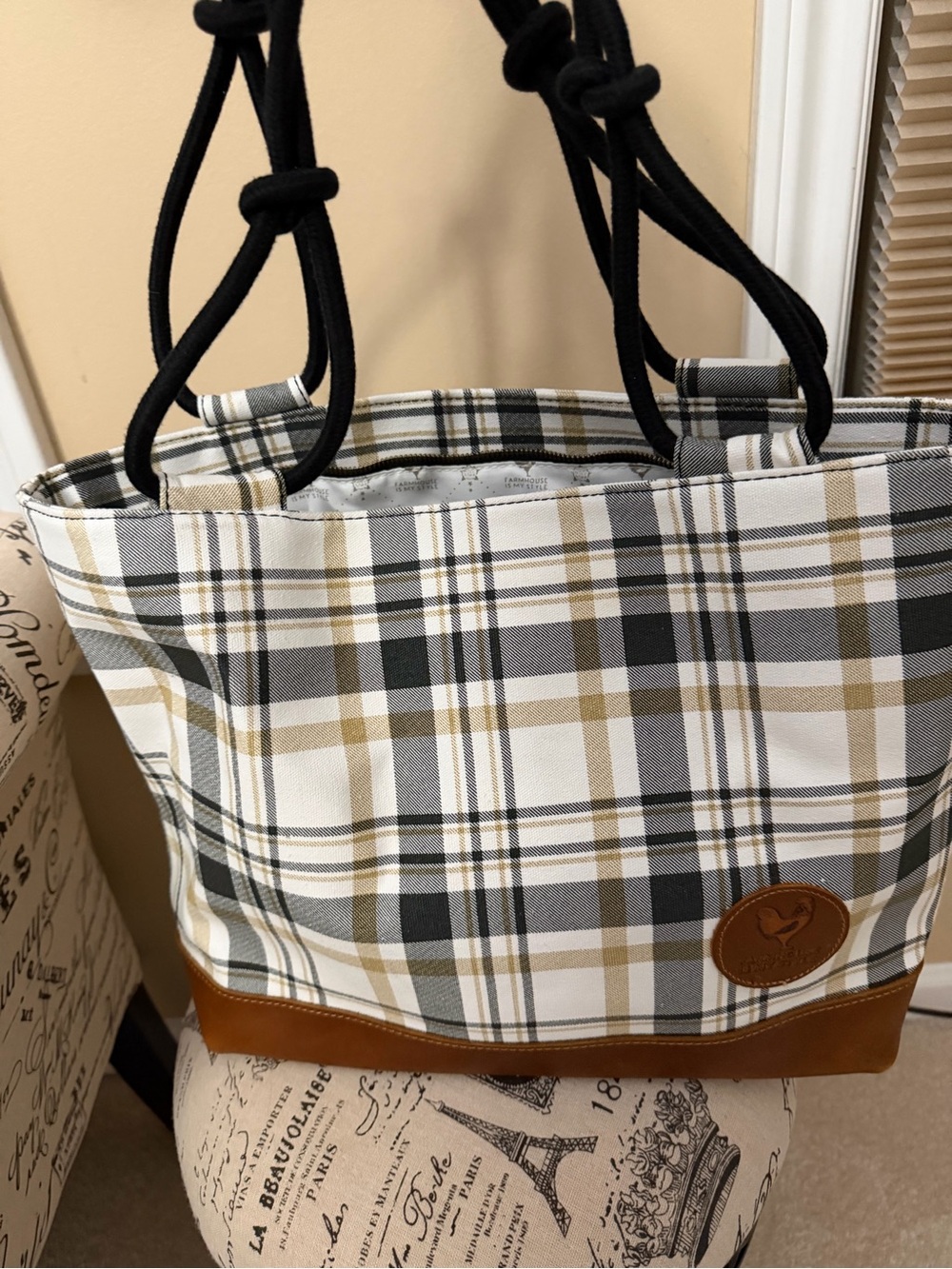 Plaid Canvas Tote with Black Rope Handles and Tan Leather Trim